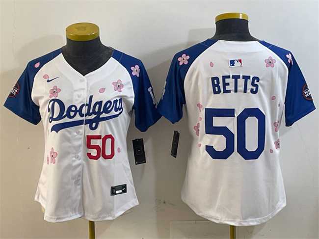 Women%27s Los Angeles Dodgers #50 Mookie Betts White Royal 2025 Tokyo Series Limited Stitched Jersey->mlb womens jerseys->MLB Jersey